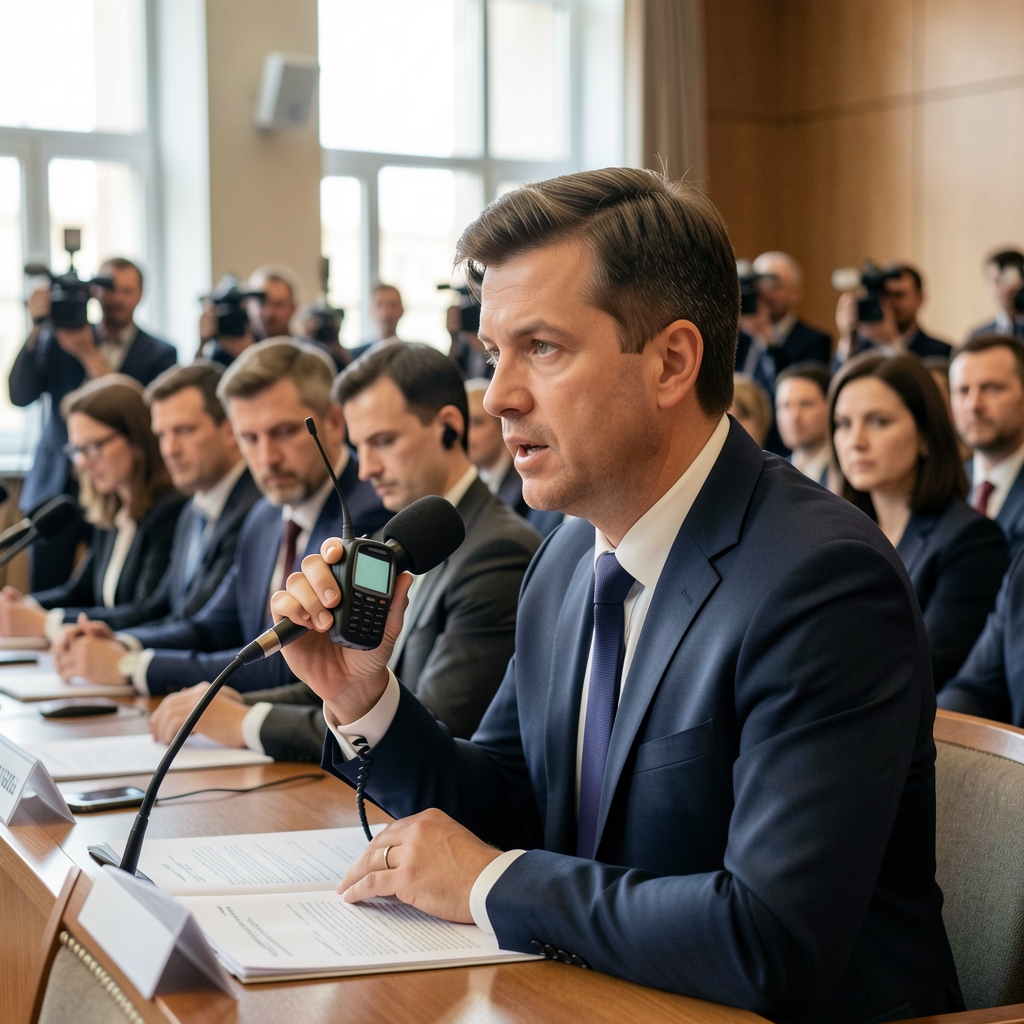 Журналист на пресс-конференции с диктофоном, размытый фон зала, дневной свет